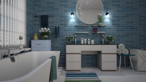 Dusty blue and white bathroom detail.