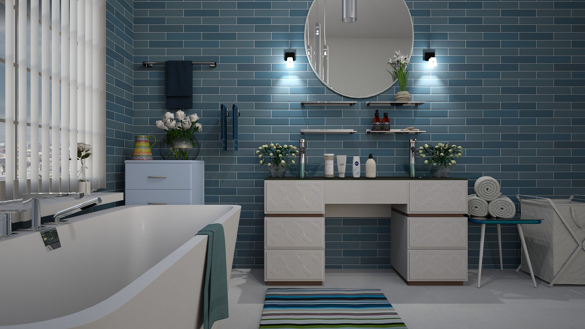 Dusty blue and white bathroom detail.