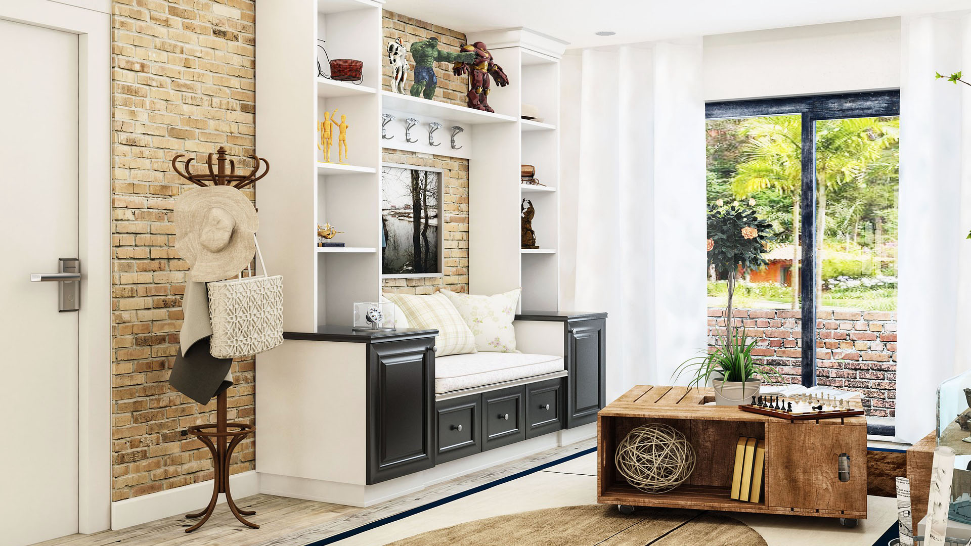 Brick clad wall highlights wall storage unit.