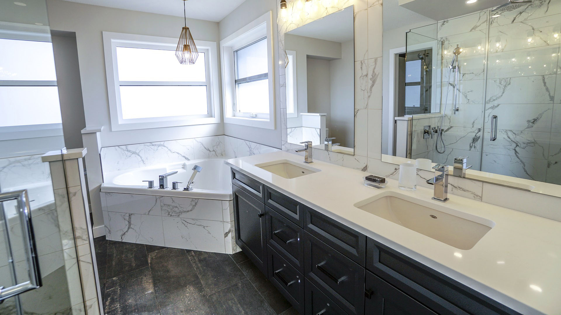 Marble tiles bathroom vanity detail.