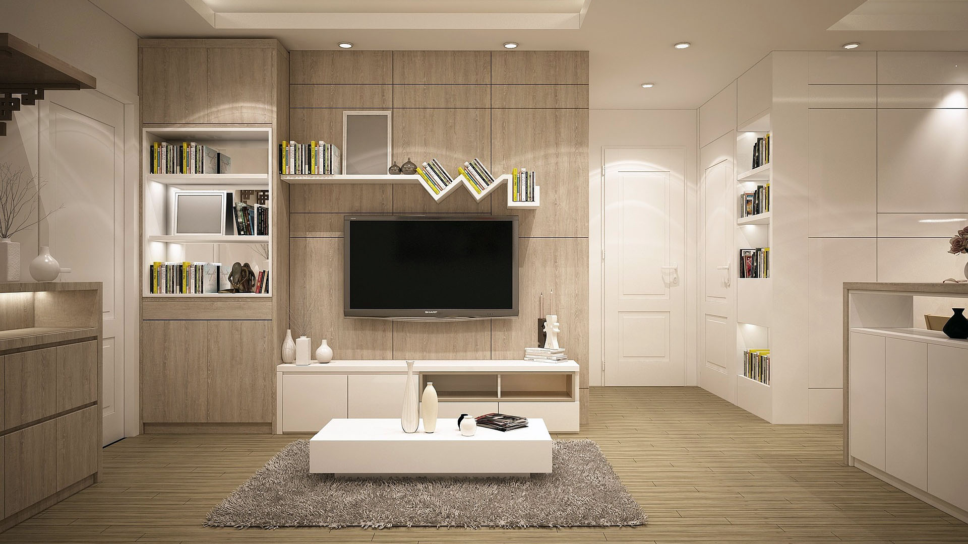 Living room wall space saving wall units.